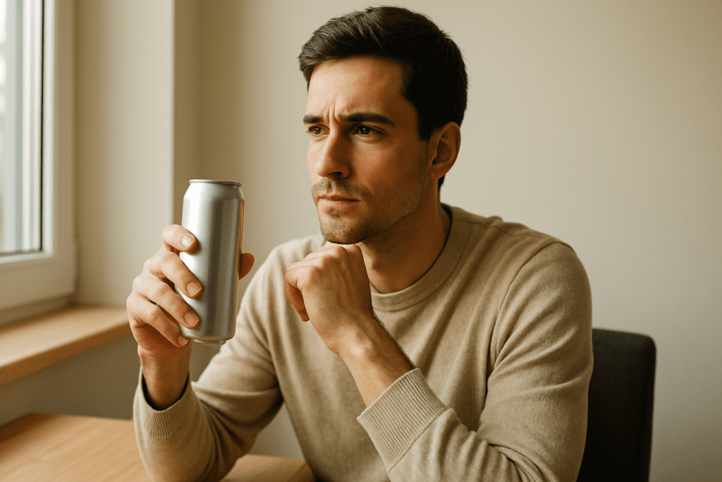 A young Caucasian man in a beige sweater sits by a window, holding a silver energy drink can in his right hand, with a focused expression. Soft natural light illuminates his face, creating a calm and reflective atmosphere in the room’s simple decor.