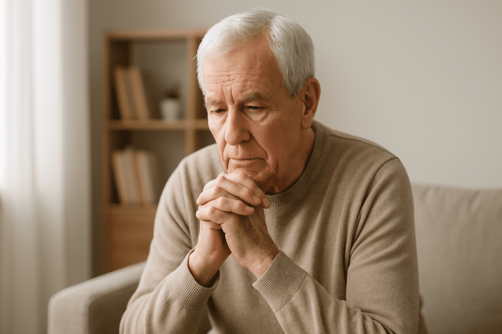 A thoughtful elderly man in his 70s, with white and gray hair, sitting in a cozy, neutral-toned room with natural soft lighting. He is looking down with his hands gently clasped beneath his chin, surrounded by simple decor like a potted plant and bookshelf.