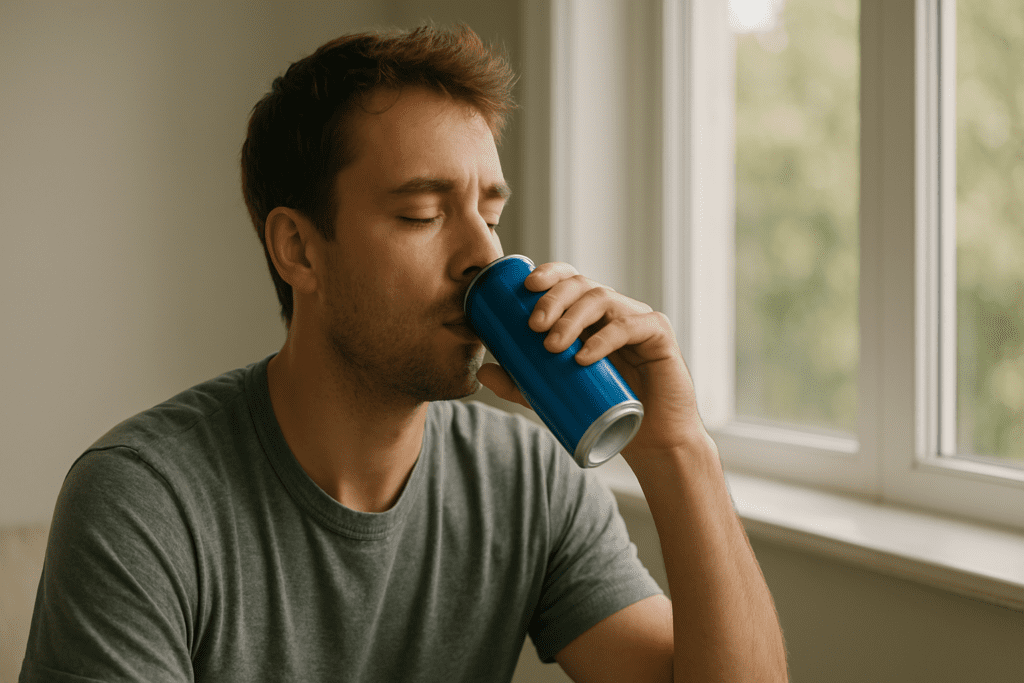 A young man with tousled hair sits by a window, sipping from a blue energy drink can. Soft morning light filters through the window, highlighting his relaxed posture and thoughtful expression against a blurred, leafy background.