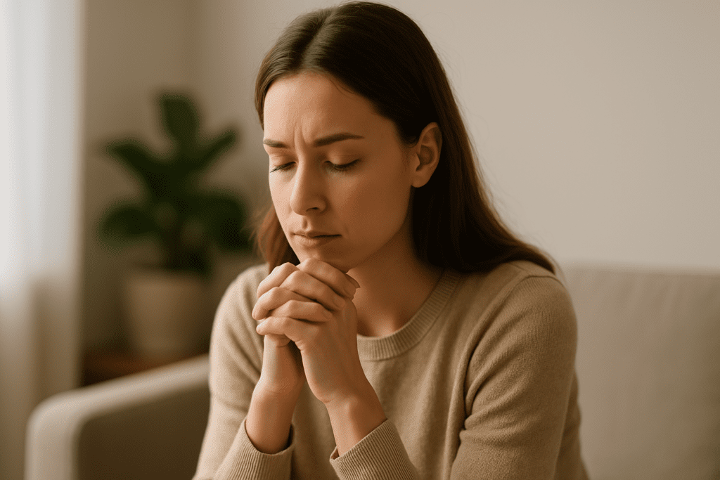 A young woman with chestnut-brown hair sits in quiet reflection in a softly lit room, natural morning light highlighting her thoughtful expression and relaxed posture.
