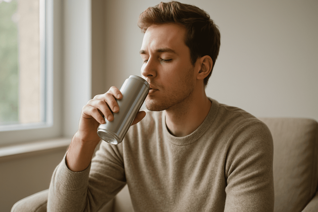 A young man sits in a cozy armchair, sipping from a silver energy drink can as soft morning light filters through a nearby window, casting gentle shadows on his thoughtful expression.
