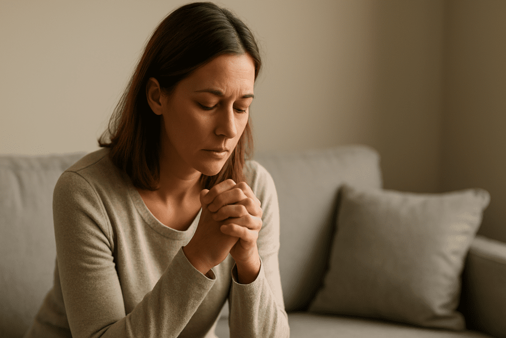 A woman in her late thirties sits on a gray sofa in soft natural morning light, hands clasped and expression calm, against a neutral, uncluttered background.