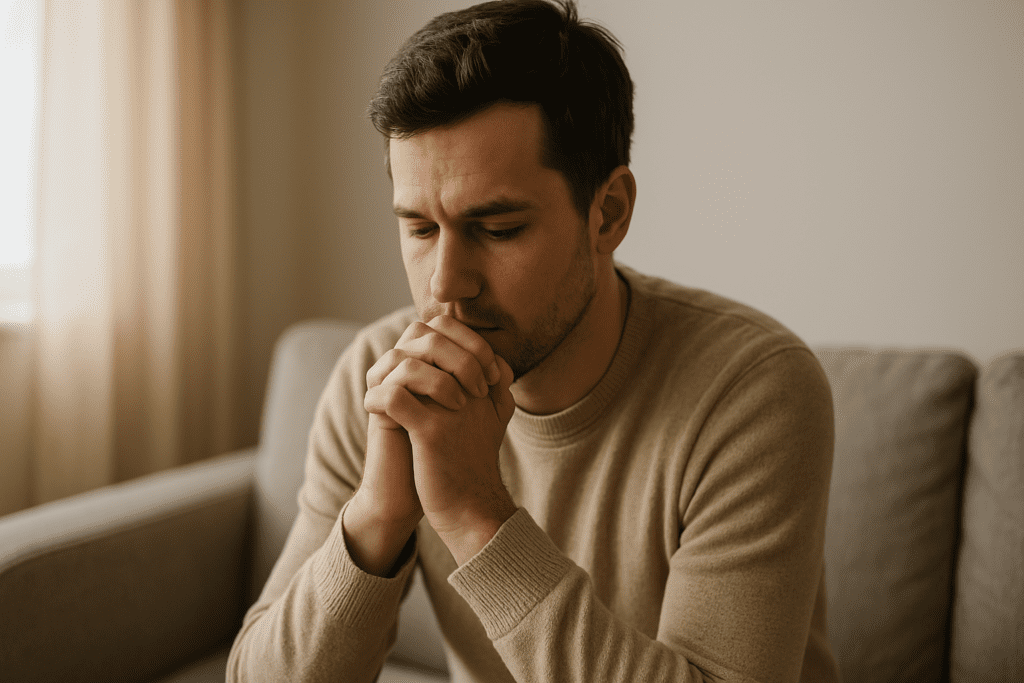 A young man in a beige sweater sits on a light gray sofa, hands clasped and head slightly bowed in quiet reflection, with soft morning sunlight casting gentle shadows through a nearby window.