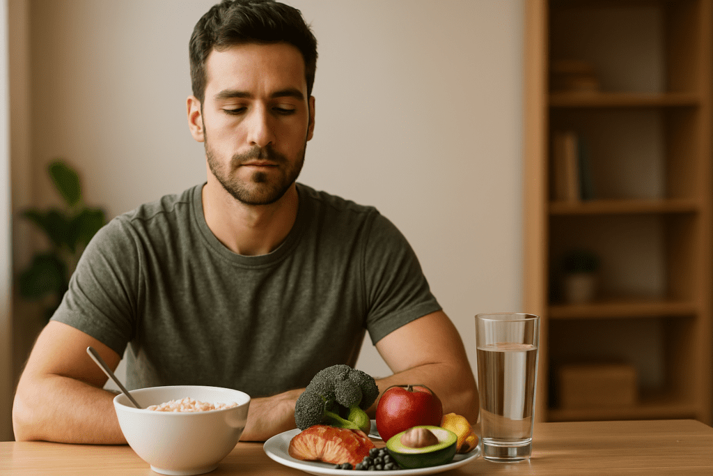 A young man sits peacefully at a wooden table, surrounded by healthy foods like salmon, oatmeal, vegetables, and fruit, with soft morning sunlight casting gentle shadows across the scene.