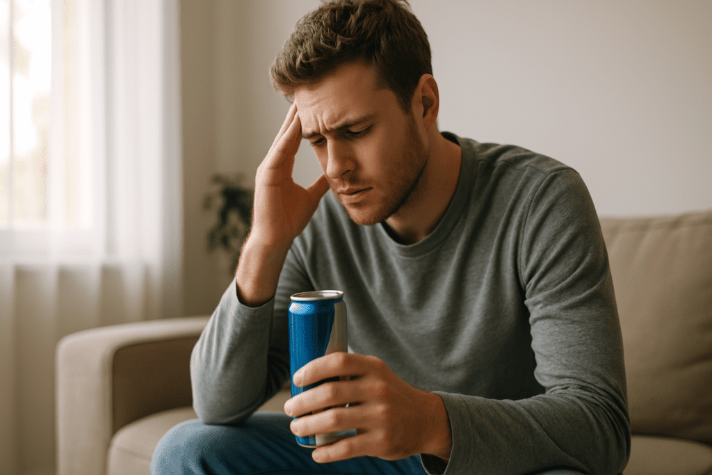 A young man sits on a beige sofa in a softly lit room, holding an open energy drink can and resting his forehead on one hand, appearing thoughtful or fatigued.