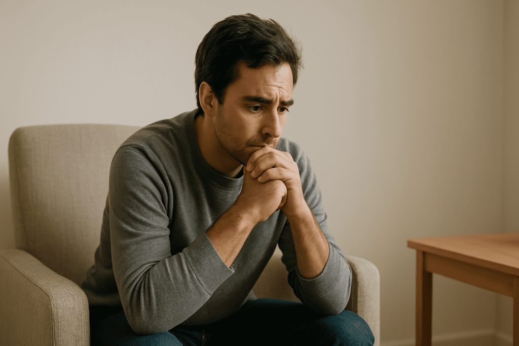 A light-skinned man in his 30s sits quietly in a minimalist, softly lit room, wearing a gray sweater and jeans, gazing downward with a thoughtful expression and hands clasped under his chin.