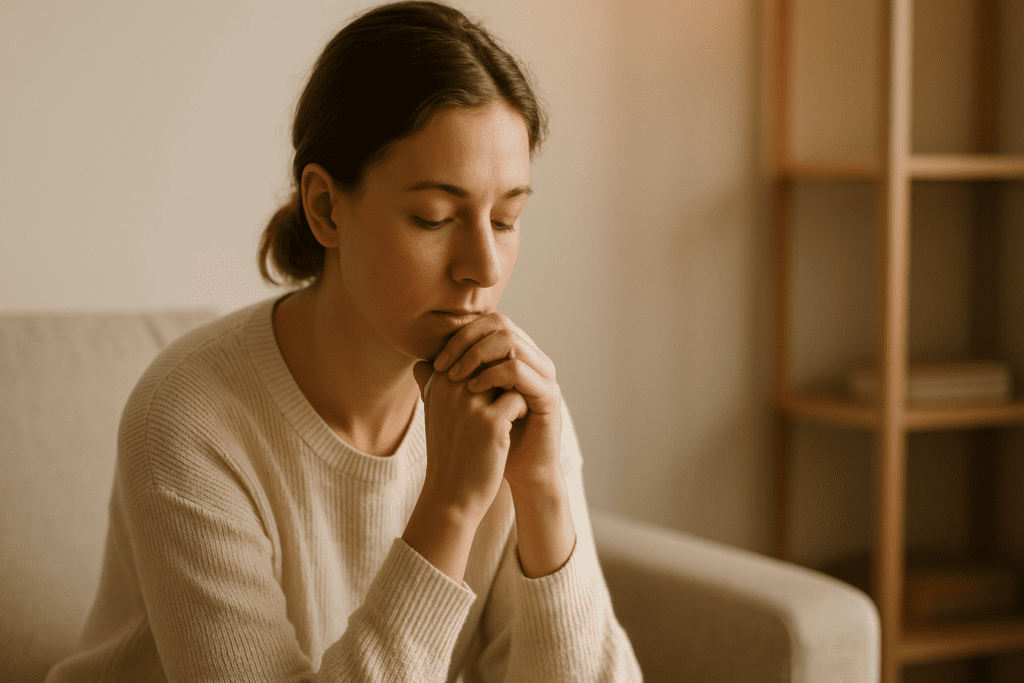 A young woman sits quietly on a beige couch in a minimalist room, softly lit by morning natural light, with a calm and thoughtful expression. The neutral-toned background features simple wooden shelves and an off-white wall, evoking a peaceful, reflective mood.