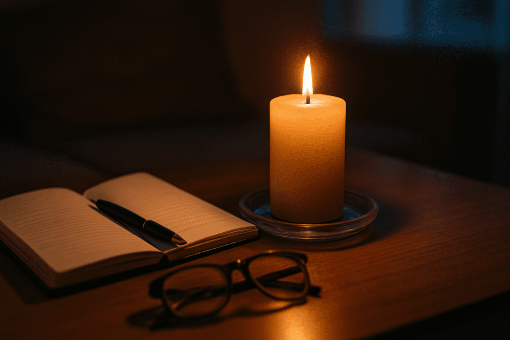 A photorealistic close-up features a lit candle beside an open journal, a pen, and reading glasses on a wooden surface. The golden candlelight contrasts with the dim room beyond, symbolizing calm energy and sustained mental focus through mindful rituals.
