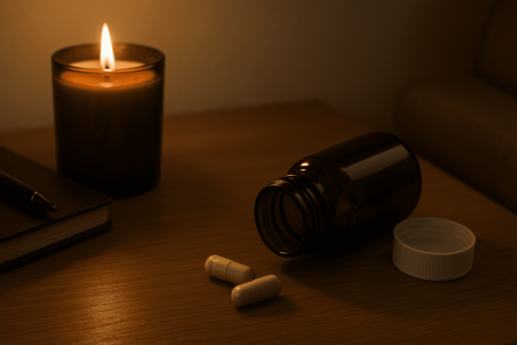 Two beige natural energy pills lie next to an open amber bottle, a lit soy candle, and a journal with a pen, all arranged on a smooth wooden surface in cozy, ambient lighting. The scene visually supports the idea of mindful energy enhancement through safe, natural focus supplements.