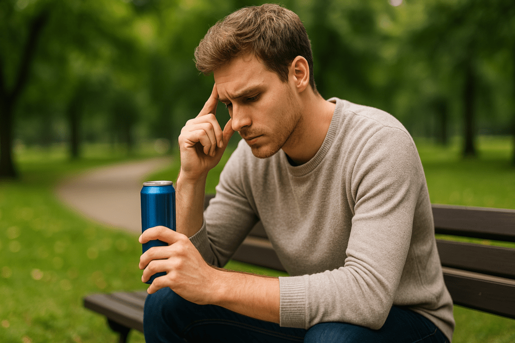 A young man with short, wavy light brown hair sits alone on a wooden bench in a green park, holding a blue energy drink can and gazing forward with a focused expression. Captured in soft morning natural light, the scene subtly emphasizes themes of mental clarity, wakefulness, and energy-boosting choices in a peaceful outdoor setting.