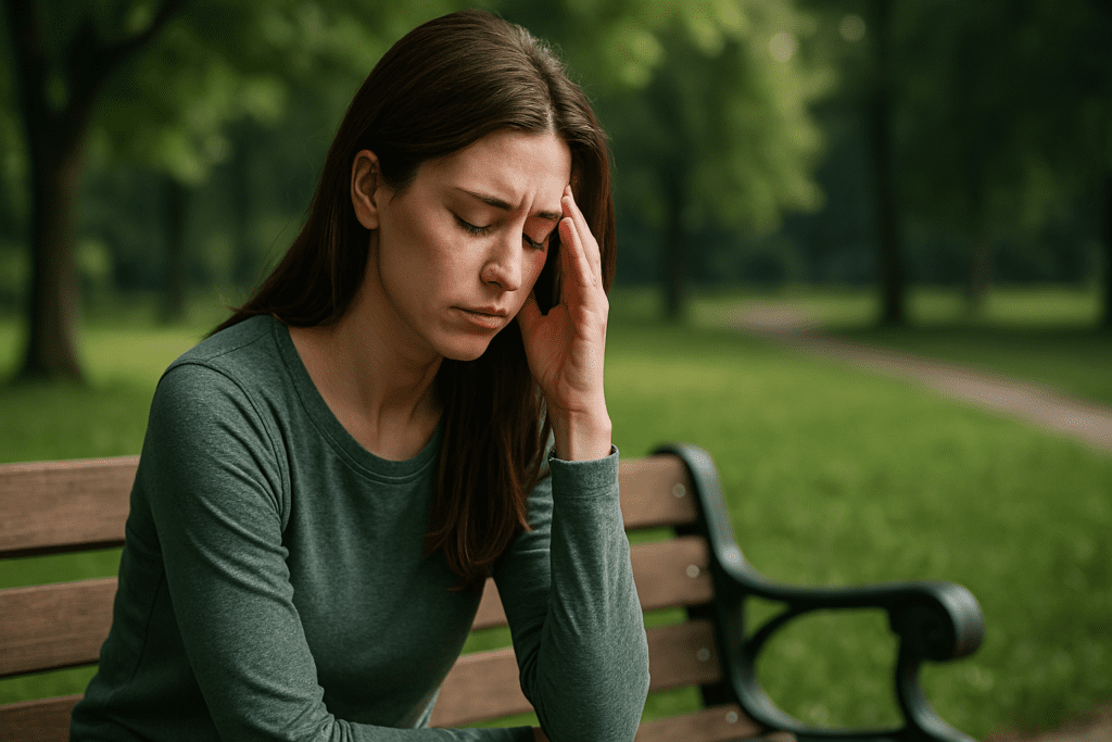 A young woman with chestnut hair gazes inward while seated on a wooden park bench under the filtered light of sunrise, framed by lush green surroundings. The setting and expression suggest a search for focus and vitality, thematically supporting the idea of science-backed natural supplements for energy and cognitive stamina in women.