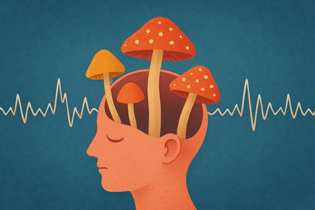 Digital illustration of a human head in profile with psychedelic mushrooms growing from the brain and a surrounding EEG wave pattern, symbolizing the neurological and mental effects of magic mushrooms on brain activity.