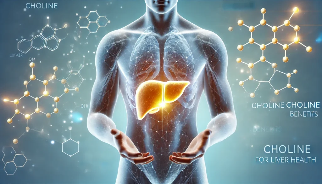 A semi-transparent human torso highlighting the liver with a healthy golden glow, featuring abstract choline molecules enhancing liver function in a scientific-themed background.