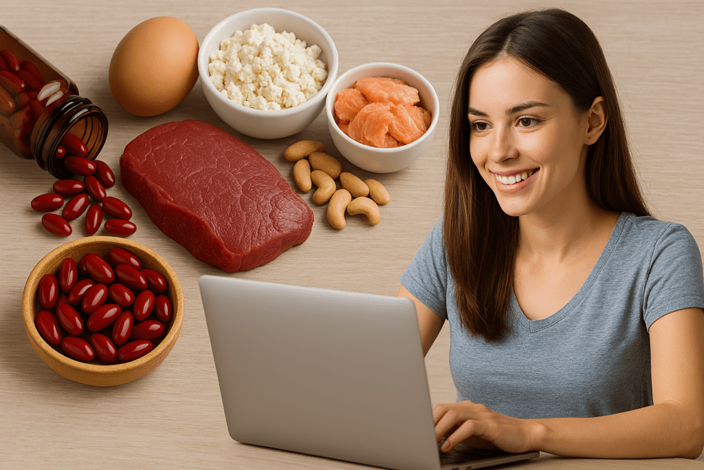 Assorted vitamin B12-rich foods including meat, salmon, egg, and dairy alongside red B12 capsules and a woman working on a laptop, reflecting natural sources and cognitive support.”