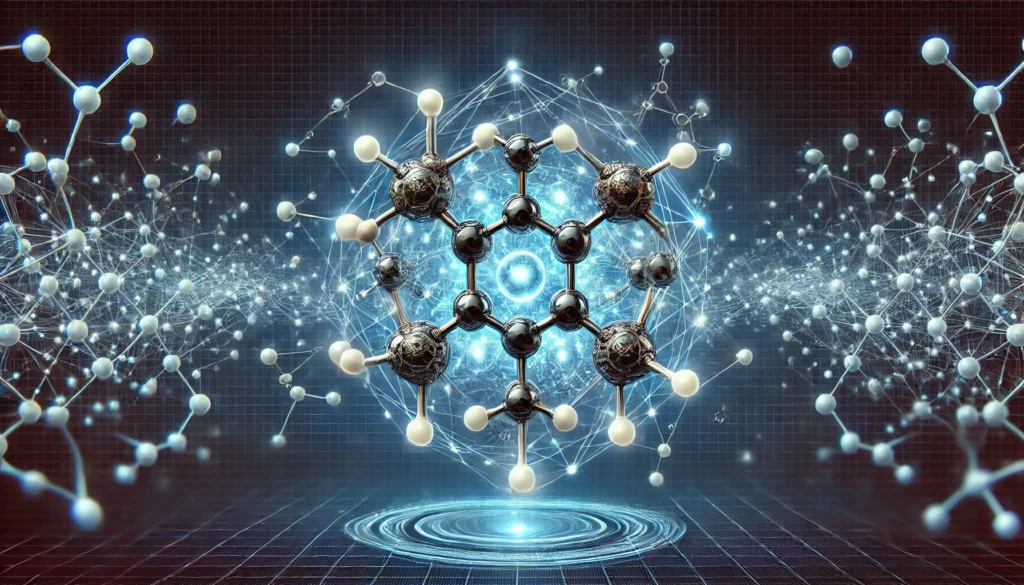 "Futuristic digital representation of a glowing molecular structure, symbolizing the nootropic effects of Bromantane. The interconnected molecules emit luminescent energy pathways, illustrating cognitive enhancement against a deep blue, high-tech laboratory background."