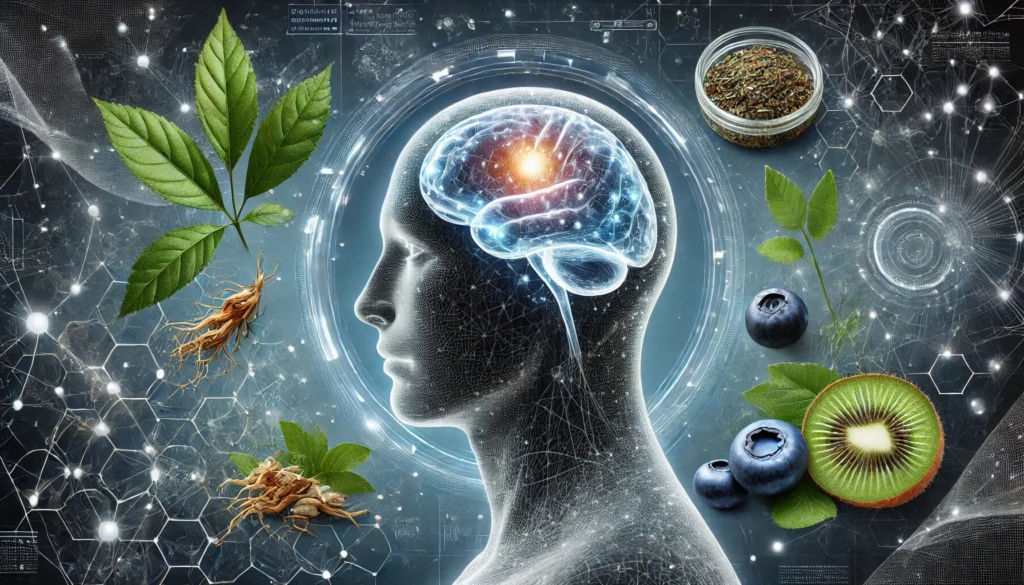 A futuristic concept of memory supplements and brain function. A translucent human head silhouette with a glowing brain is surrounded by herbal elements like ginseng, blueberries, and green tea extract, emphasizing cognitive enhancement against a high-tech neural backdrop.