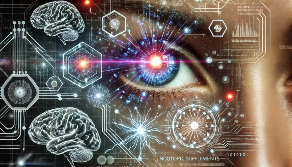 A futuristic close-up of a person's eyes glowing with intelligence and focus, surrounded by abstract digital data streams, neurons, and biohacking symbols, illustrating enhanced cognitive function through nootropic supplements.