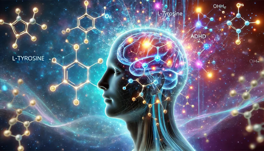A futuristic depiction of L-Tyrosine’s cognitive benefits, showcasing a transparent brain with glowing molecules and energy flows, representing neurotransmitter production. The background features a deep blue and purple nebula effect.