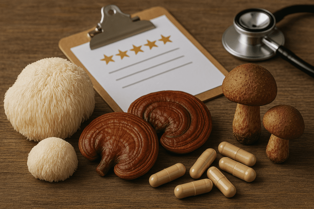 Assorted medicinal mushrooms including lion’s mane and reishi, alongside supplement capsules, a five-star review clipboard, and a stethoscope, suggesting expert evaluation of mushroom-based products.