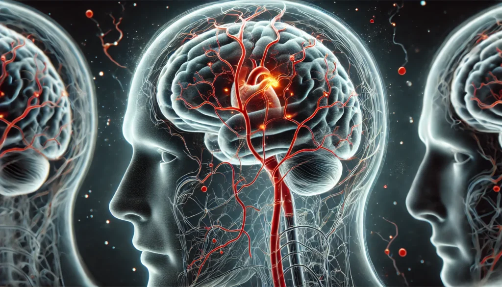 A highly detailed 3D medical rendering of a human brain with highlighted blood vessels, illustrating the contrast between healthy circulation and potential stroke risk factors.
