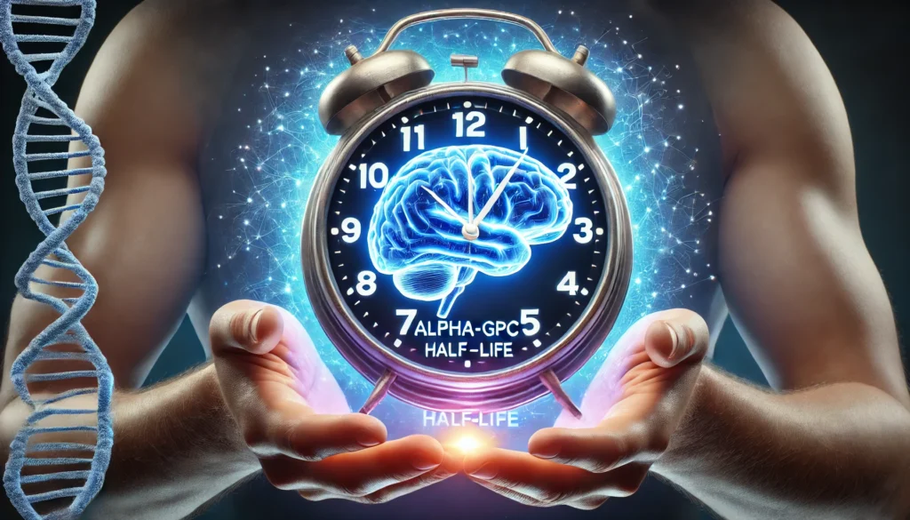 A conceptual illustration of a clock embedded within a glowing brain, representing the duration and half-life of Alpha-GPC, with dynamic clock hands indicating the passage of time.