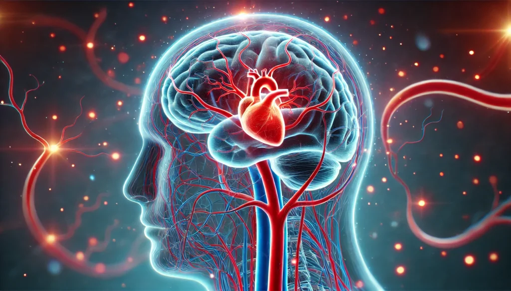 A conceptual representation of a human brain with a glowing circulatory system, illustrating the relationship between blood flow, vascular health, and stroke risk.