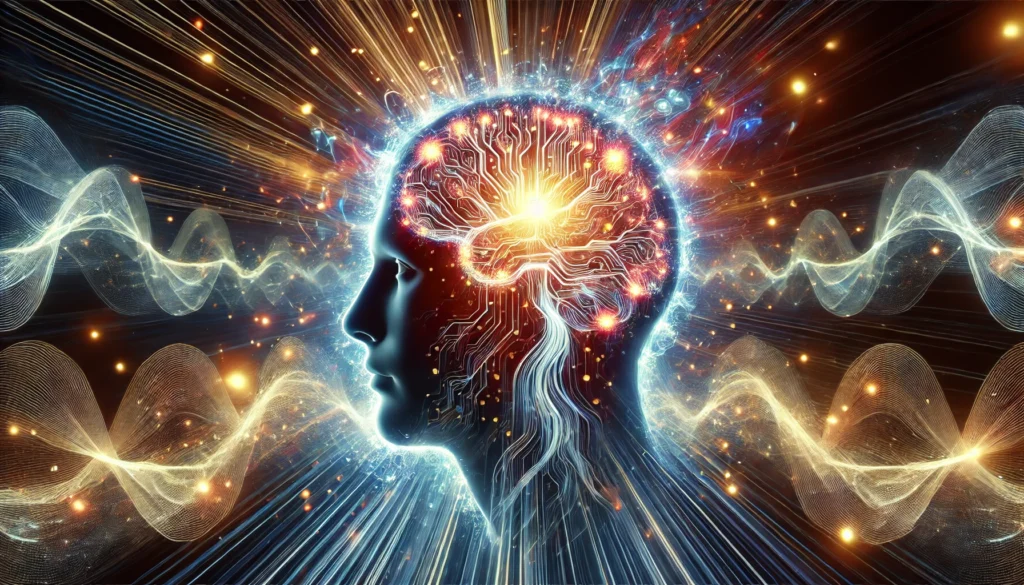 A digital visualization of cognitive enhancement with a human head silhouette, glowing neural pathways, and swirling energy waves, illustrating the impact of alpha nootropic pouches on focus and brain performance.