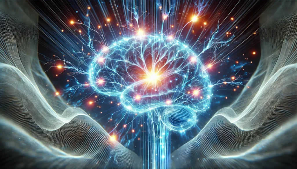 A visually striking abstract representation of brain activity, with electric-blue neural connections glowing brightly, signifying enhanced cognitive function and mental energy.