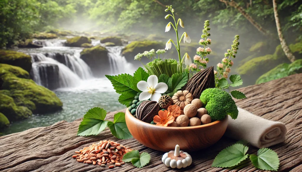 A serene still life of a wooden bowl filled with brain-boosting nootropic herbs like Brahmi (Bacopa Monnieri), Gotu Kola, and Mucuna Pruriens, with a cascading stream and misty background symbolizing mental clarity.