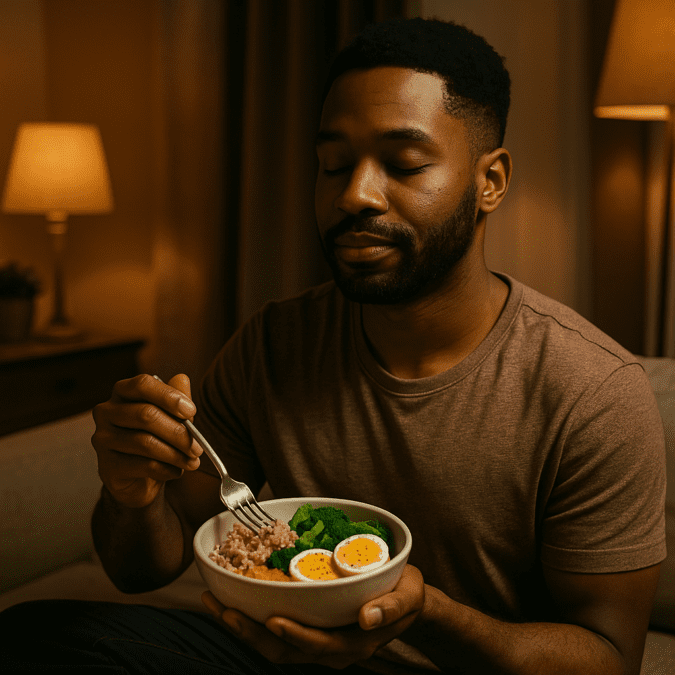 In warm indoor ambient lighting, a man enjoys a calming evening meal of brown rice, broccoli, and eggs on a sofa, illustrating how protein for sleep and calming food for insomnia and anxiety can promote a restful night without disrupting REM cycles.