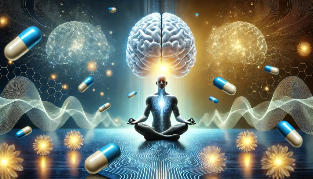A person meditating with a glowing brain, surrounded by floating nootropic pills. The brain emits a radiant blue and golden light, representing cognitive enhancement. Abstract waves and neural pathways glow in the background, illustrating mindfulness and improved mental function.