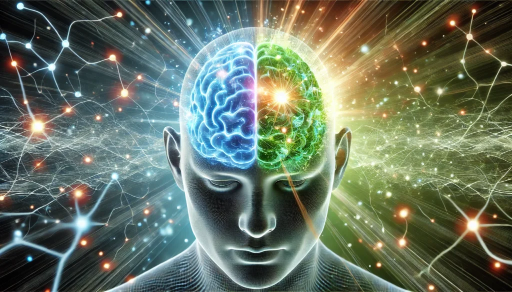 A conceptual illustration of brain function enhancement: a transparent human head with an illuminated brain, surrounded by glowing neural pathways. One half of the brain is infused with electrified blue energy, while the other half radiates green natural essence, symbolizing different nootropic approaches. The background suggests heightened wakefulness and mental clarity.