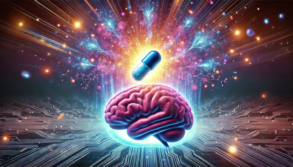 An abstract representation of a nootropic stack’s effect on the brain, featuring a glowing capsule dissolving into radiant energy waves with neural circuits and cosmic bursts of light symbolizing enhanced focus and mental energy.