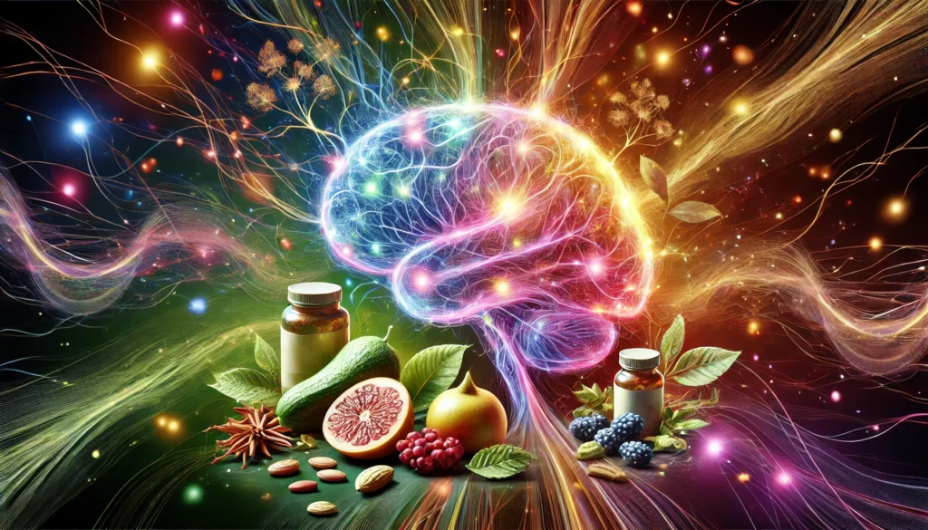 An artistic visualization of brain health and enhanced cognition, featuring glowing neural pathways intertwined with natural supplements such as ginseng, ashwagandha, and magnesium-rich foods.