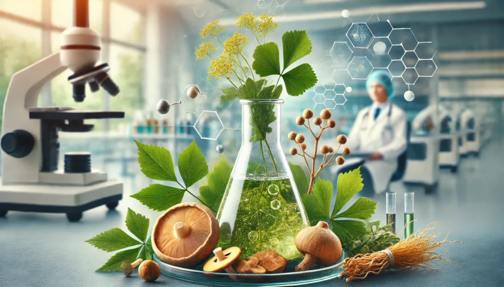 A scientific and herbal fusion with a glass flask of herbal infusion, fresh ginkgo biloba, ashwagandha roots, and lion’s mane mushrooms against a blurred medical research background, representing the synergy of nature and science in cognitive health.