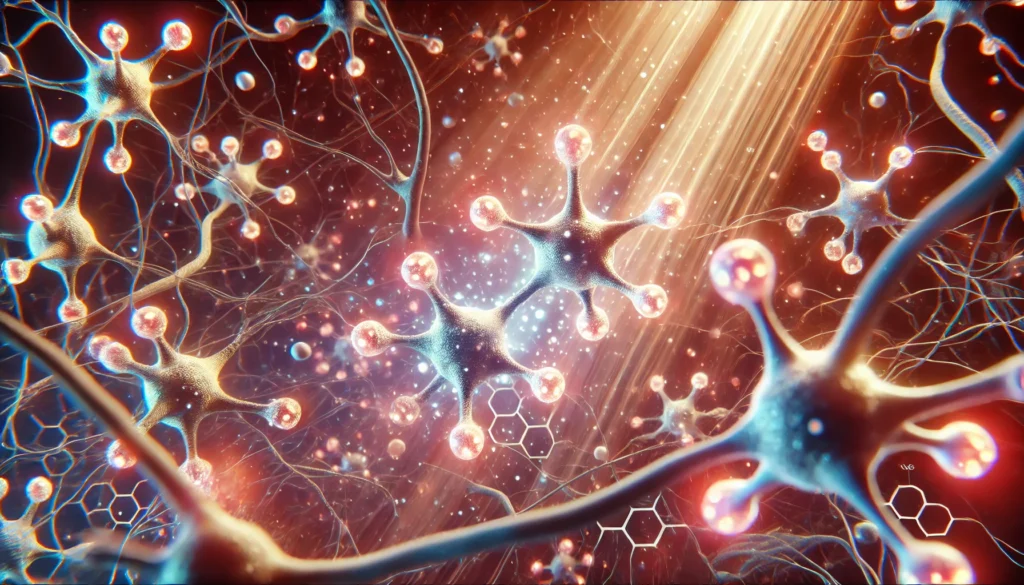 A scientific visualization of acetylcholine molecules interacting with neuron receptors in a glowing, high-tech biochemical environment, symbolizing neurotransmitter function and cognitive enhancement.