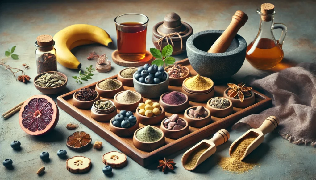 A tranquil herbal setup with a wooden tray holding bowls of dopamine-enhancing herbs, fresh blueberries and bananas, a cup of herbal tea, and a mortar and pestle, symbolizing natural mood enhancement.