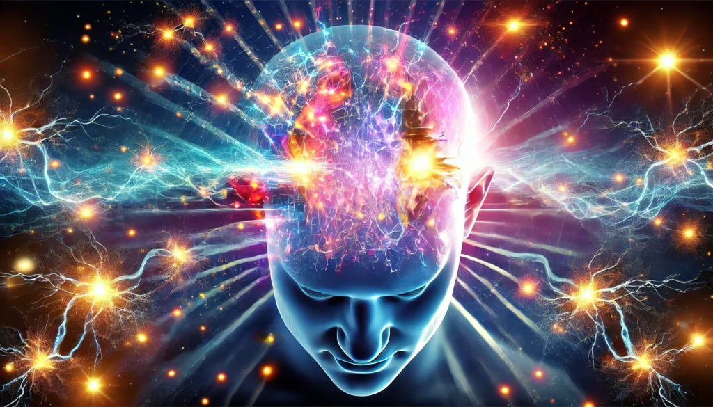 A surreal representation of an electrified, glowing brain with vibrant neural connections firing, symbolizing the effects of cognitive enhancers on memory and mental clarity.