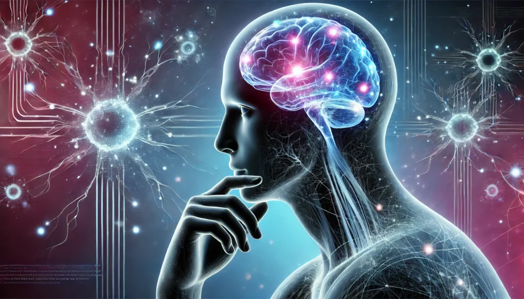 "A futuristic human silhouette deep in thought, with a translucent skull revealing glowing neurons and synaptic activity. The image conveys enhanced cognitive function, surrounded by a soft blue and purple glow with abstract digital neuroscience elements."