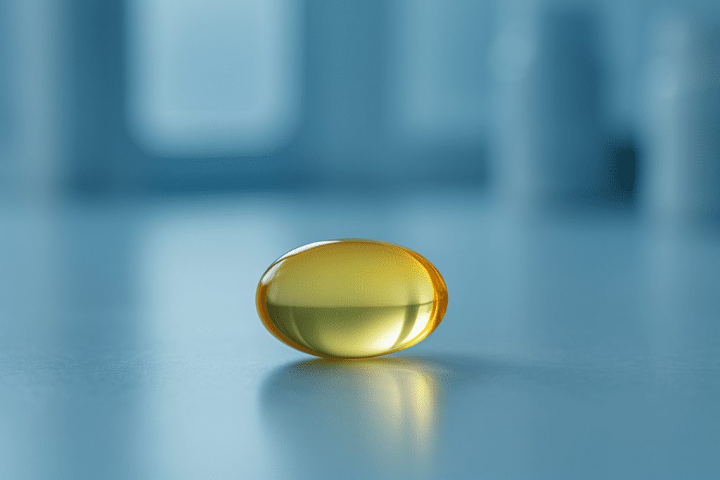 A translucent yellow vitamin D softgel rests on a smooth, light blue surface under cool clinical lighting, creating a clean and modern aesthetic that underscores the scientific link between vitamin D and energy levels. The minimalist setting evokes clarity and precision.