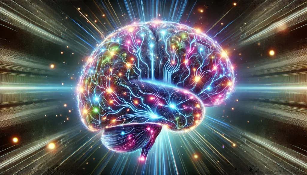 A futuristic depiction of an illuminated human brain with vibrant neural connections, symbolizing enhanced focus, cognitive function, and energy from nootropic supplementation.