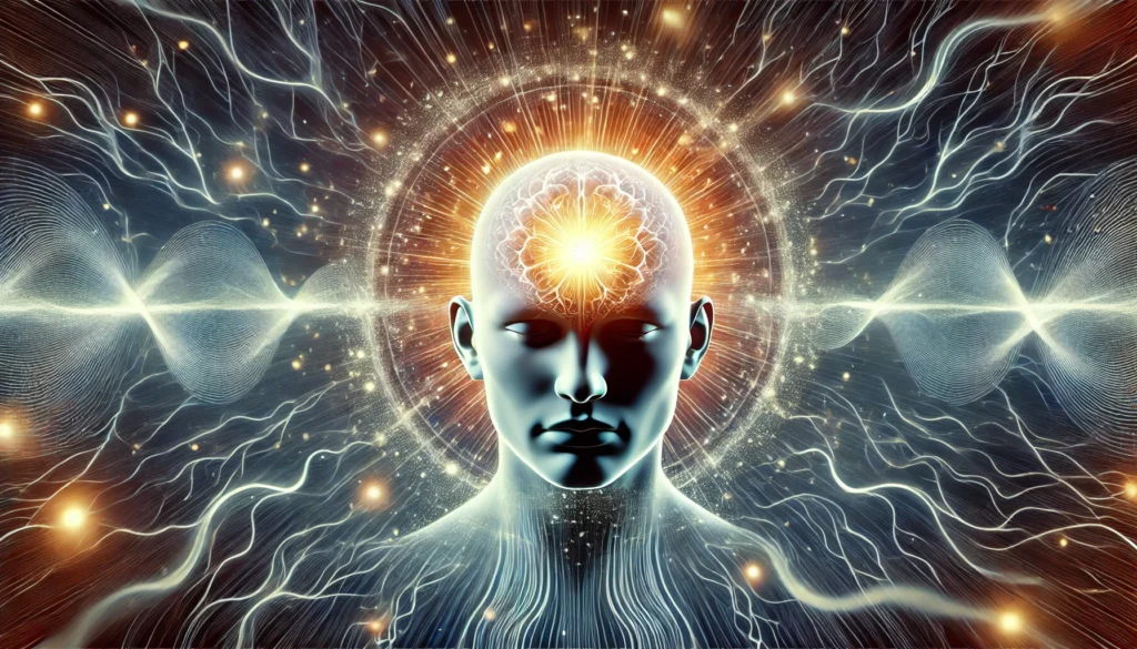 An artistic depiction of a meditative human head surrounded by radiant energy waves, illustrating heightened mental clarity, brain health, and cognitive function.
