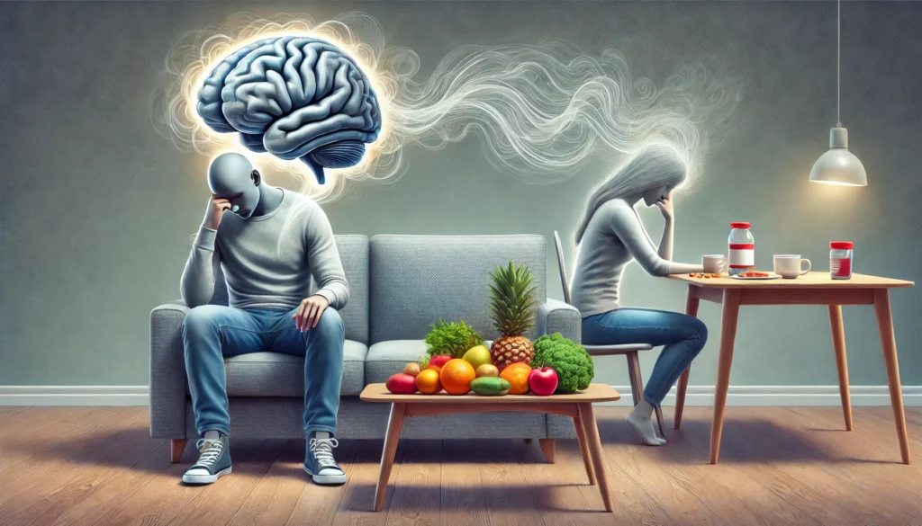 A tired individual sitting on a couch, appearing mentally foggy, with a soft mist surrounding their head to represent brain fog caused by vitamin deficiency. Their posture is slouched, indicating difficulty concentrating. A nearby table displays fresh fruits, vegetables, and vitamin supplements as a potential remedy. The image contrasts dull, fatigued expressions with the vibrant colors of nutritious foods.