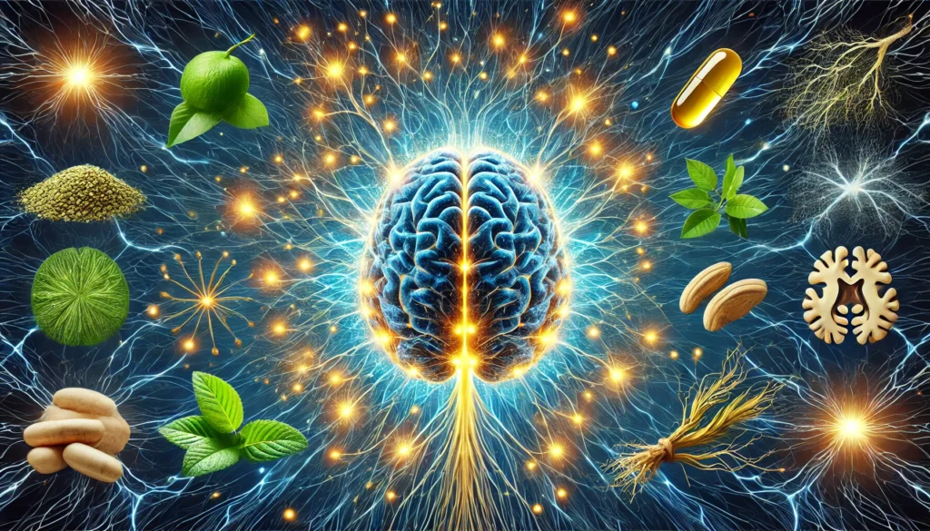 An energetic visualization of the brain and nerves radiating with a blue and golden glow, featuring natural elements like green tea leaves, ginseng, and a fish oil capsule, representing cognitive function support.