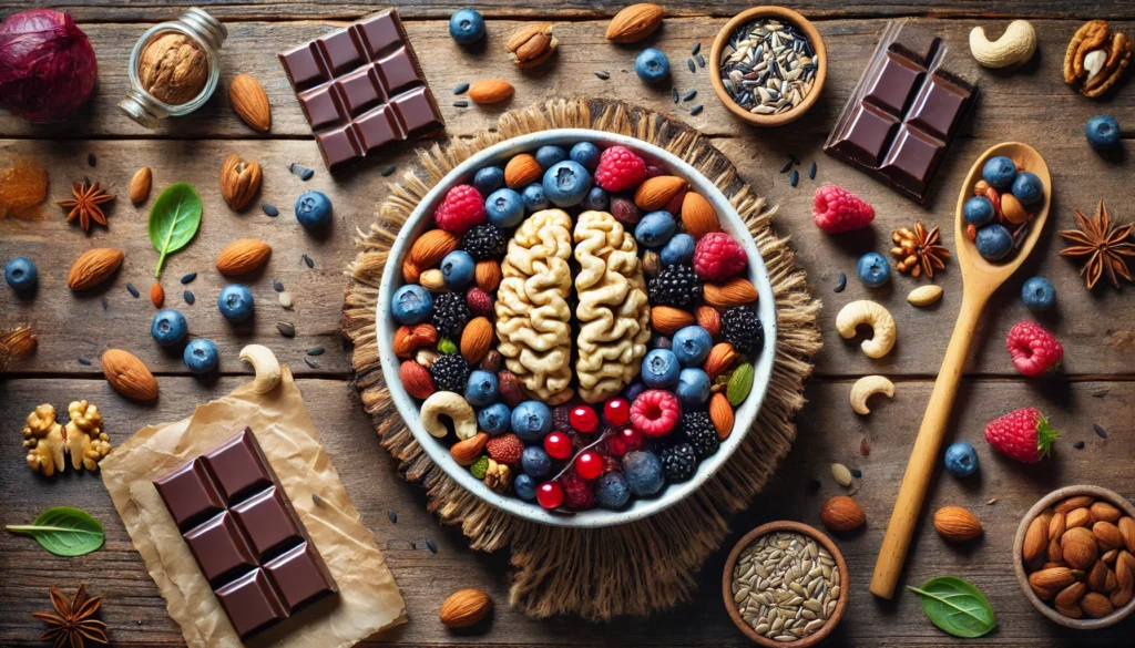 A top-down view of a beautifully arranged bowl filled with brain-enhancing foods such as mixed berries, nuts, seeds, and dark chocolate pieces, placed on a rustic wooden surface with scattered ingredients around it for a wholesome and natural feel.