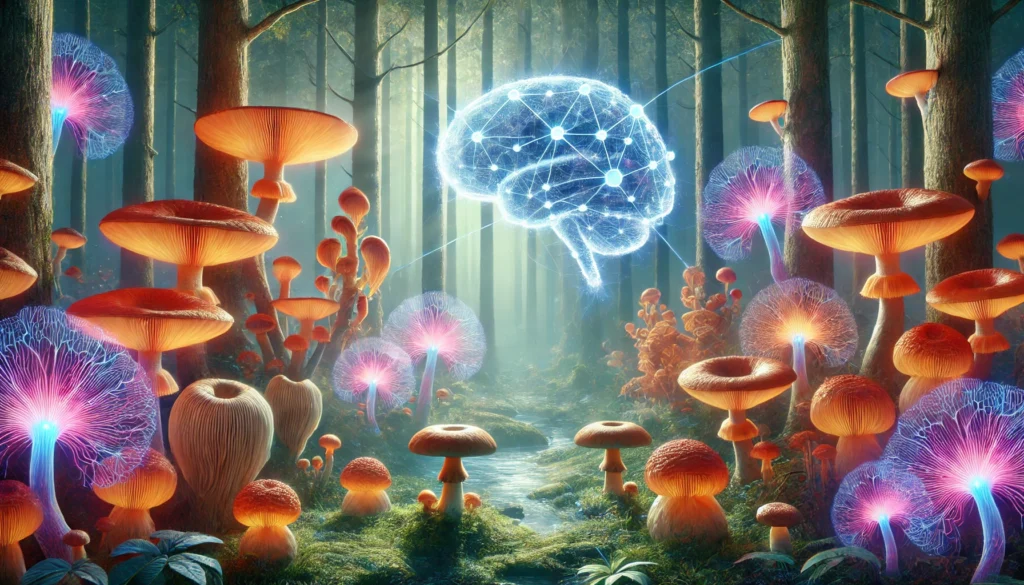 A surreal dreamlike forest filled with oversized, glowing medicinal mushrooms emitting neural-like energy patterns in the air, symbolizing cognitive enhancement and mental clarity.
