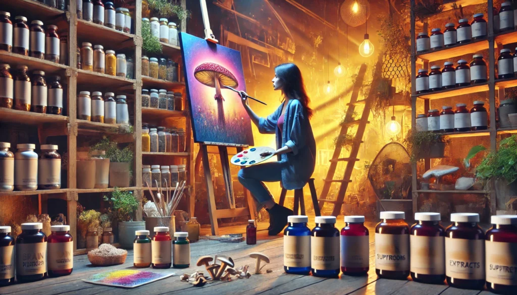 A vibrant artist’s studio where a woman is deeply engaged in painting, inspired by cognitive-enhancing mushroom supplements. Shelves lined with natural brain-boosting extracts highlight the connection between creativity and holistic wellness.