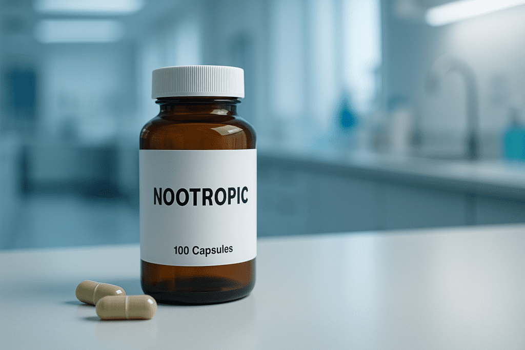 A close-up of an amber bottle labeled "Nootropic" sits on a clean white lab counter, with two beige capsules in the foreground and a softly blurred clinical background. The cool-toned lighting and sterile environment highlight the science-backed potential of supplements for boosting energy and fighting chronic fatigue.