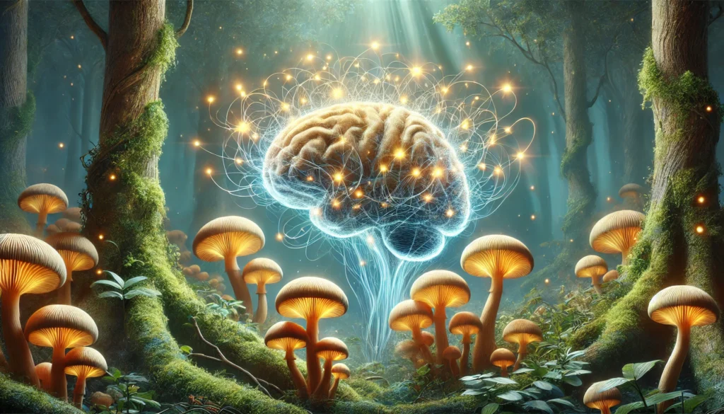 A surreal depiction of a human brain entwined with glowing neural pathways emerging from Lion’s Mane mushrooms, set in an ethereal forest environment with blue and gold hues representing cognitive enhancement.