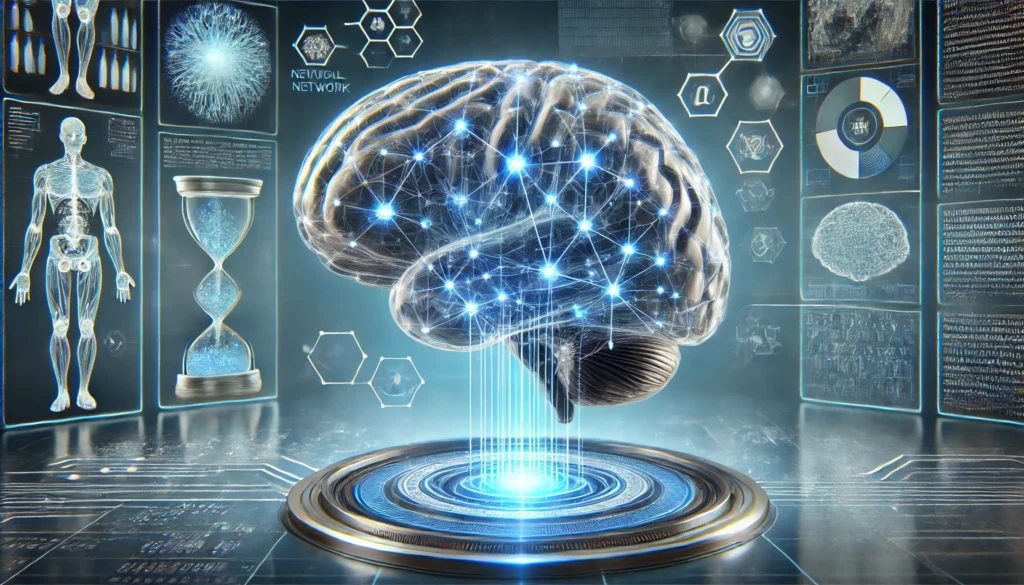 A high-tech conceptual image of a semi-transparent human brain linked to an artificial neural network, highlighting active neural pathways and scientific advancements in brain function optimization.